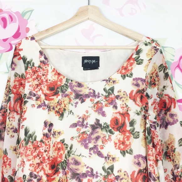 Nasty Gal Floral Bell Sleeves Shift Mini Dress S - Picture 2 of 7